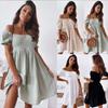 Summer Off Shoulder Short Sleeve Women Fashion Dresses Pleated Casual Simple Elegant A-line Party Dresses Female Solid Color Women's Clothing