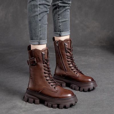 Осенне-зимние на флисовой подкладке с круглым носком кожаные на платформе женские полусапоги до середины икры шикарные и элегантные на шнуровке женские полусапожки