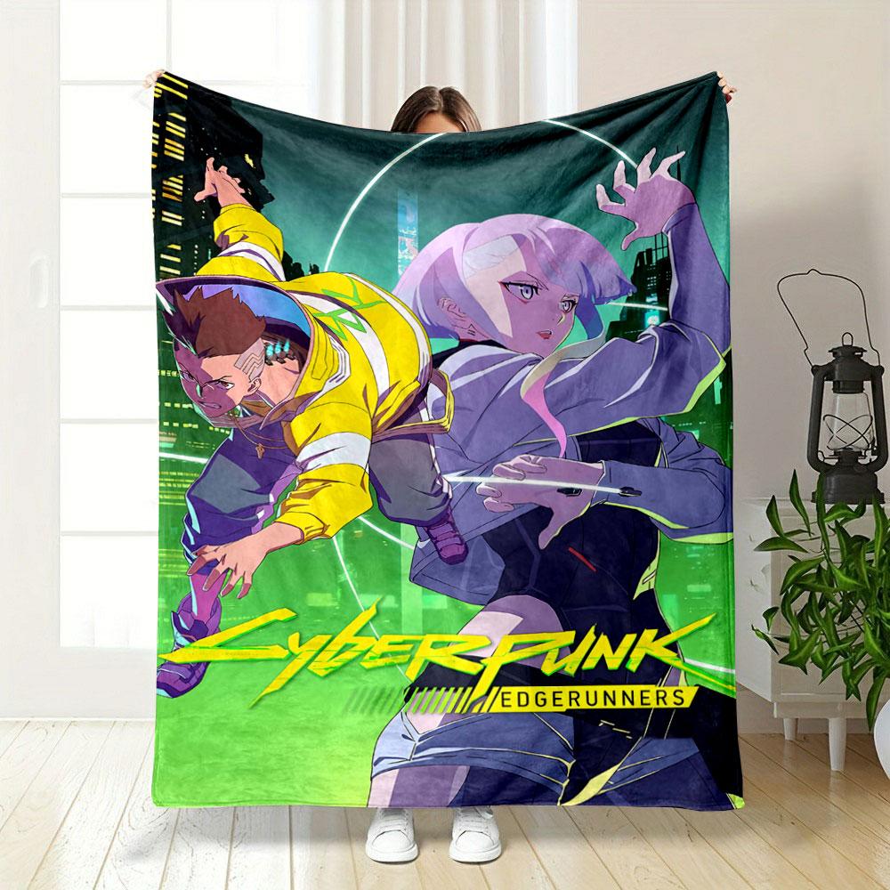 Two stylized characters in dynamic poses with neon-lit urban backdrop. for all seasons blanket lunch break throw gift