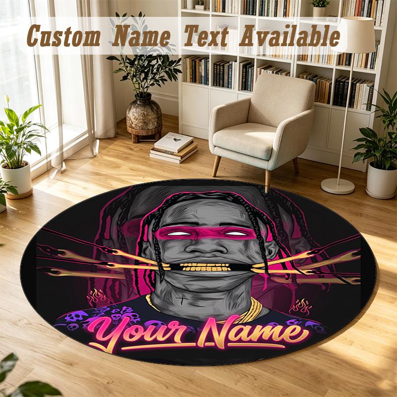 Round Rug Custom NameTravis Scott Pattern Non Slip Carpet Home Floor Decor