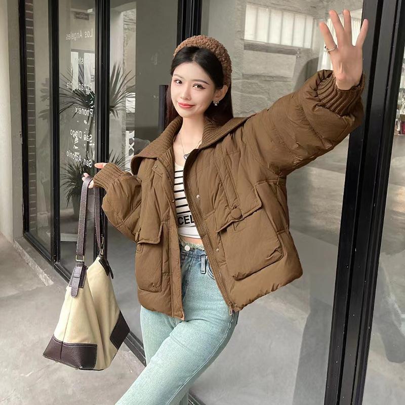 Knitted lapel down jacket women's short 2024 winter fashion splicing warm white duck down small trendy coat