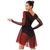 Womens Figure Skating Dress Contrast Color Rhinestones Gradient Mesh Skirt One Piece Leotard