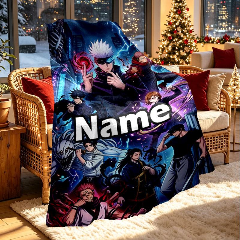 Custom Name Personalized Jujutsu Kaisen Print Blanket, Home Decor, Bedroom, Sofa, Camping, Couch, Gifts for Birthday Christmas