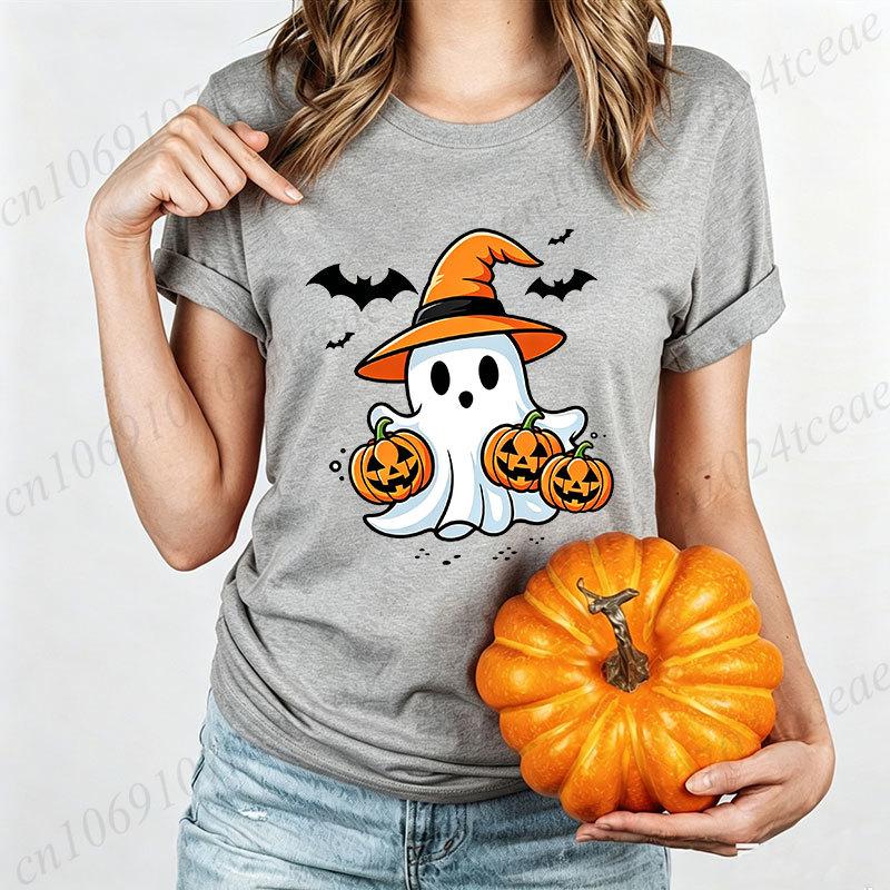 Halloween Cute Ghost Witch Hat Print Tshirt for Women Cartoon Pumpkin Bat Graphic Tee Fall Casual T Shirt Halloween Costume Tops