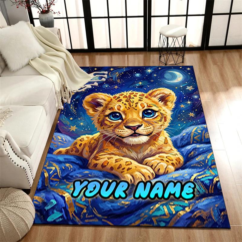 1PC Custom Name Lion Cub Starry Night Theme Floor Mat Ideal for Living Room, Game Rooms, Office, Bedroom,Floor Mat Playful Design
