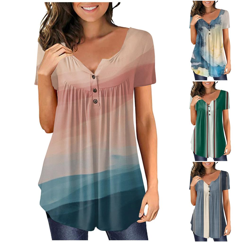 Women's Short-sleeve Loose Tops Casual Plus Size Tunic Button Tops