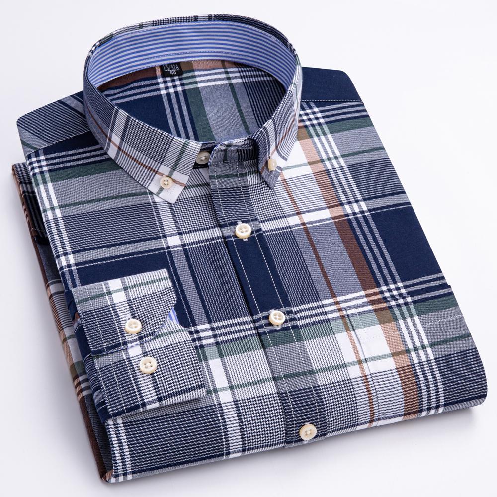 Men's Plaid Checkered Long Sleeve Oxford Woven Shirt Single Patch Pocket 100% Cotton Standard-fit Versatile Casual Shirts