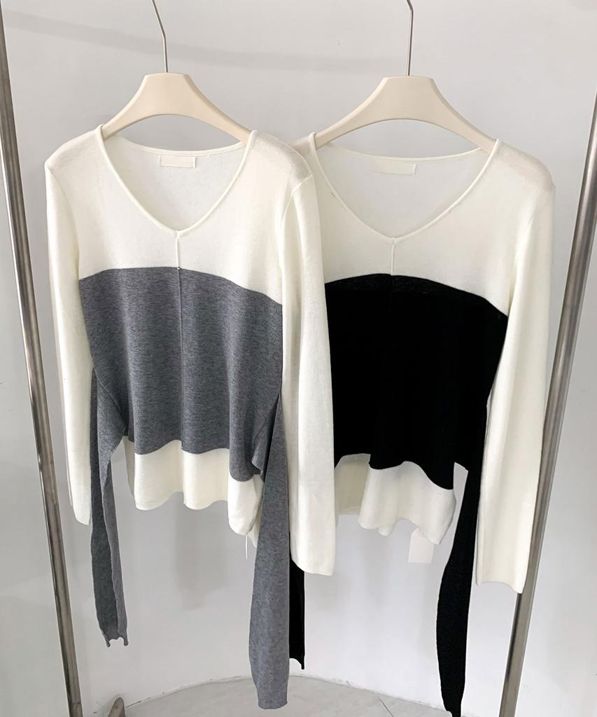 Вязаный топ Baseukala Milla с V-образным вырезом и цветовыми блоками (2Colors)
