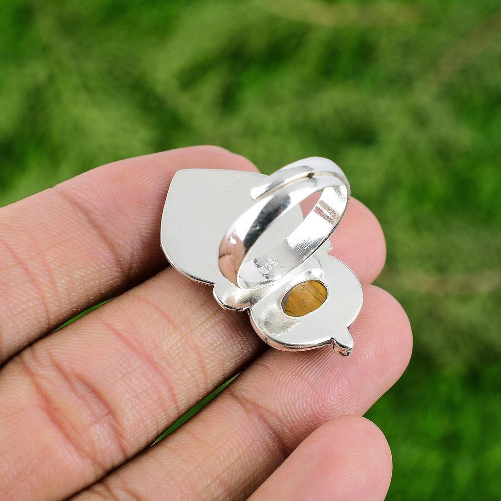 Wedding Gift For Her 925 Silver Natural TigerS Eye Promise Bird Adjustable Ring