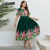 Летнее женское платье больших размеров, зеленые платья с завязкой на талии с принтом
