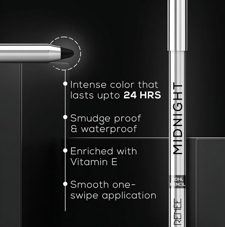 RENEE Карандаш для глаз Midnight Kohl Стойкий к смазыванию и водостойкий Каял Витамин Е, Оливковое масло и Касторовое масло - Матовый финиш Стойкость 24 часа, 1,5 г