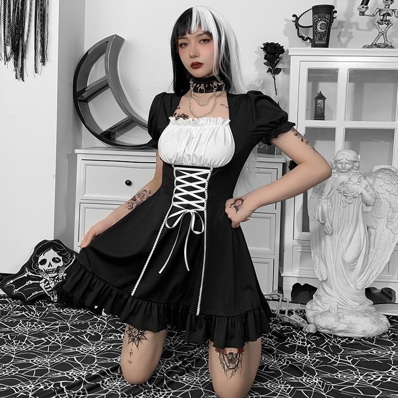 Y2k Готическое платье Лолита, женское темно-черное платье в студенческом стиле, осеннее контрастное цветное платье с пышными рукавами и завязками, женское платье