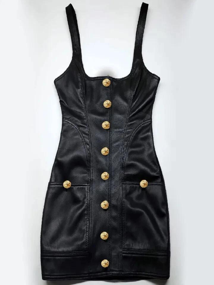 Стильное Вечернее Повседневное Женское Черное Платье Мини из Натуральной Кожи Ягненка Ручной Работы