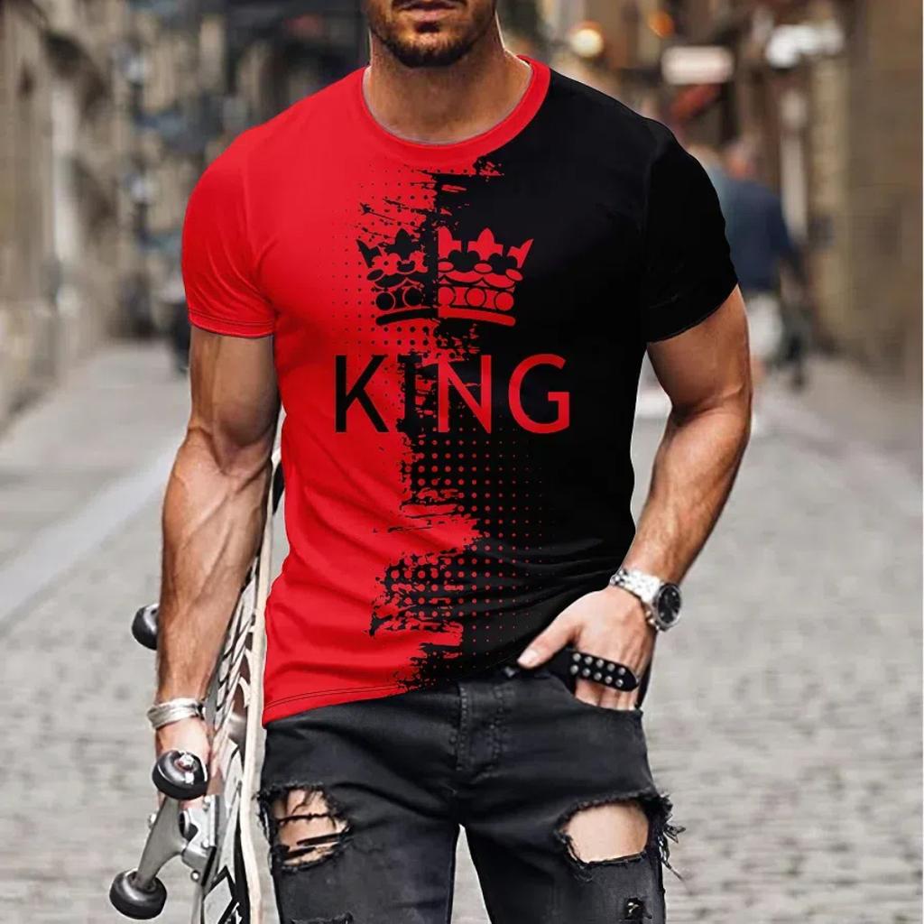 Men's Casual Short Sleeved T-shirt with Round Neck KING Pattern Printed Top T-shirt for Men's Street Wear