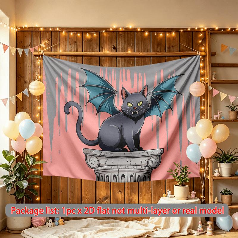 Cat Bat Dark Themed Halloween Photo Backdrop, Polyester Banner for Home Room Wall Decor