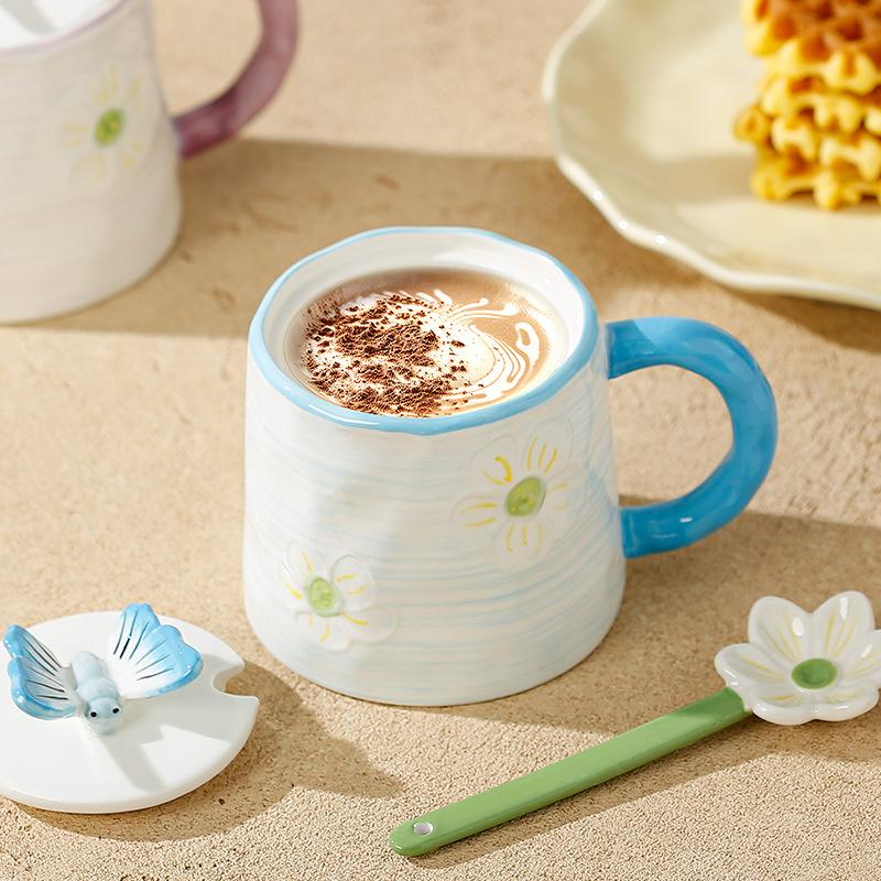 Домашний костюм, милая девушка с крышкой, ложка, маленький цветок, керамическая чашка, кружка в пасторальном стиле, высококачественная кружка для воды, офис
