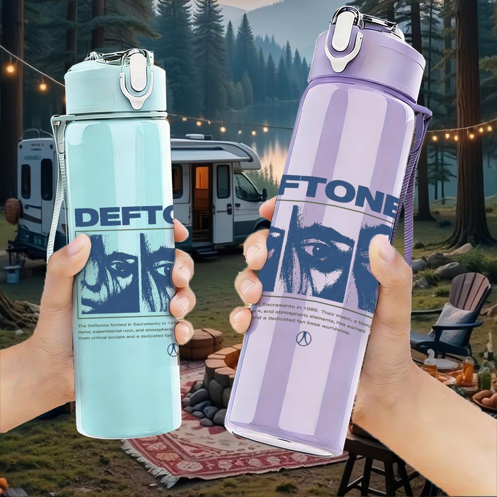 1PC Deftones blue block text print 750ml colorful plastic sports water bottle leakproof pop up lid with straw for outdoor work home use