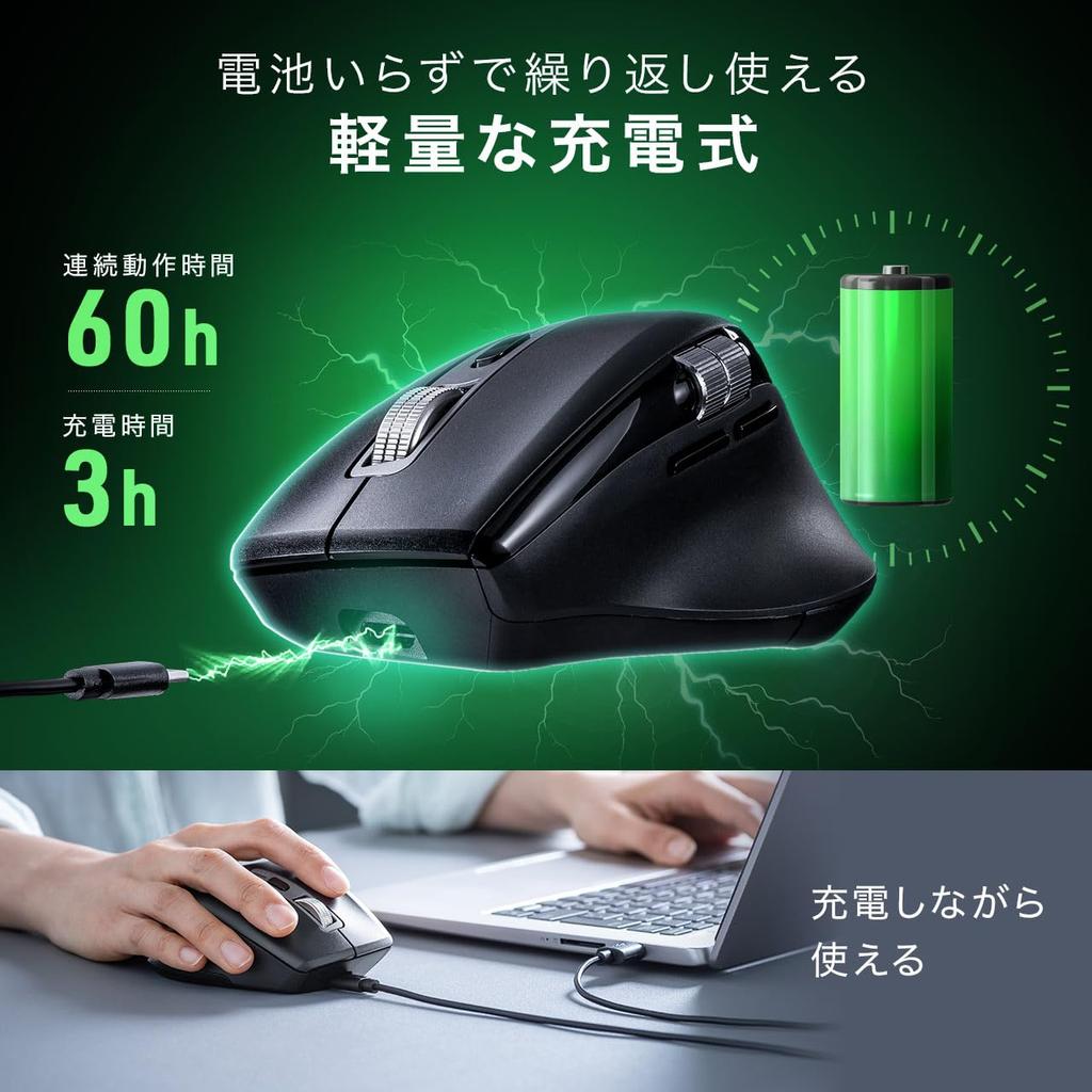 Sanwa Direct Wireless Horizontal 5 Mouse, Scrolling, Silent, Bluetooth, Rechargeable, Buttons, Black, 400-MAWBT207