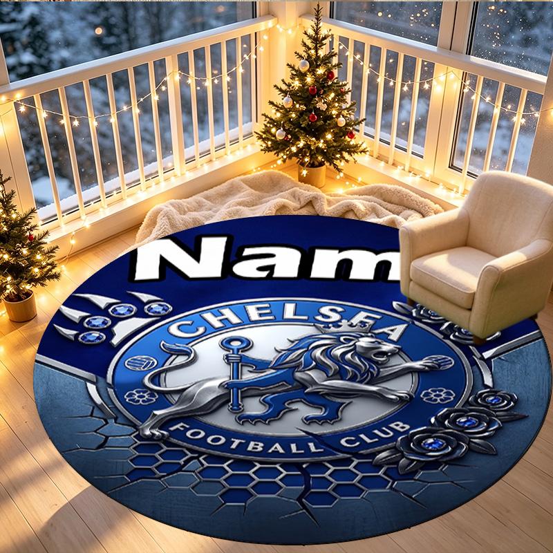Custom Name Personalized Chelsea Football Club Print Round Rug, Versatile Home Decor Carpet, for Playroom, Apartment, Balcony, Entryway, Hallway Gift