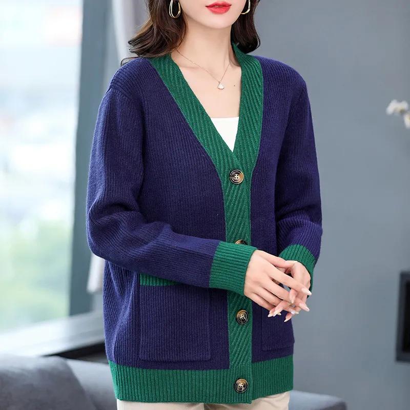 Женская куртка на весну и осень, свободный эластичный уютный свитер, кардиган, повседневный вязаный топ с v-образным вырезом