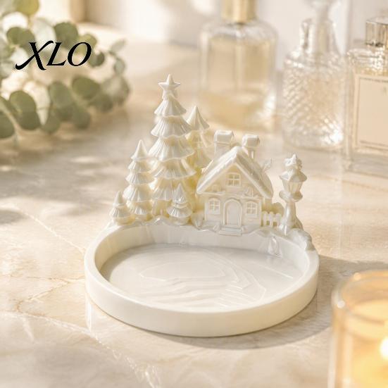 Winter Holiday Gift for Her Christmas Village Jewelry Tray, 3D Printed Snow House Pine Tree Decorative Dish, Fairy Tale Desktop Tray Mini Organizer