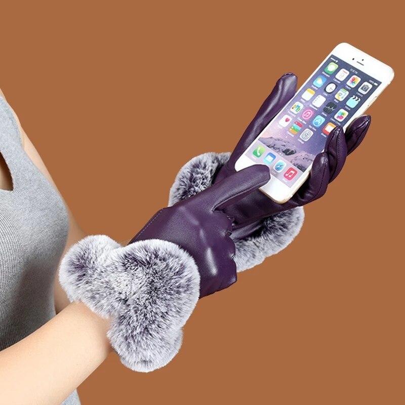 Women Winter Gloves Faux Rabbit Fur PU Leather Touch Screen Mittens Lady Female Outdoor Driving Warm Gloves