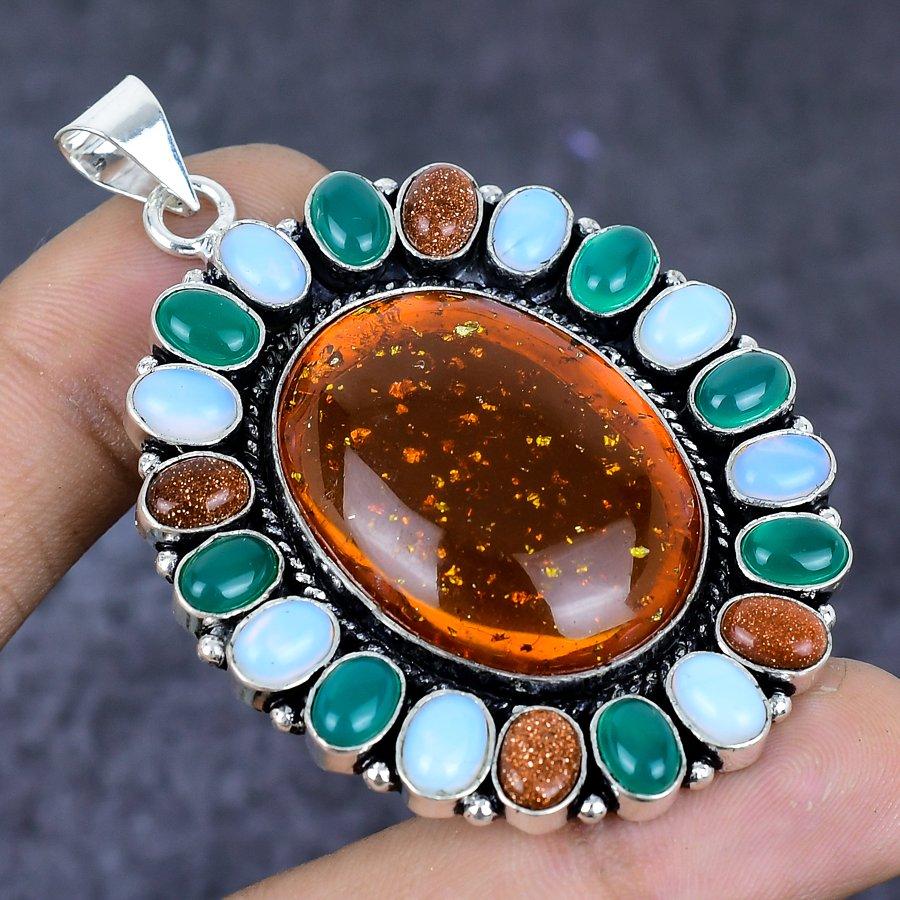 Натуральный Янтарь Балтийский Драгоценный Камень Серебро 925 Пробы Ювелирное Изделие Кулон 2.56" ETC-13803