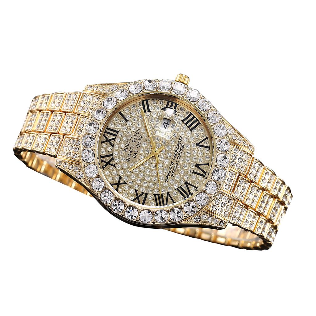 Часы с календарем из водного бриллианта и бриллиантами, римская шкала, стальной ремешок из сплава, мужские часы