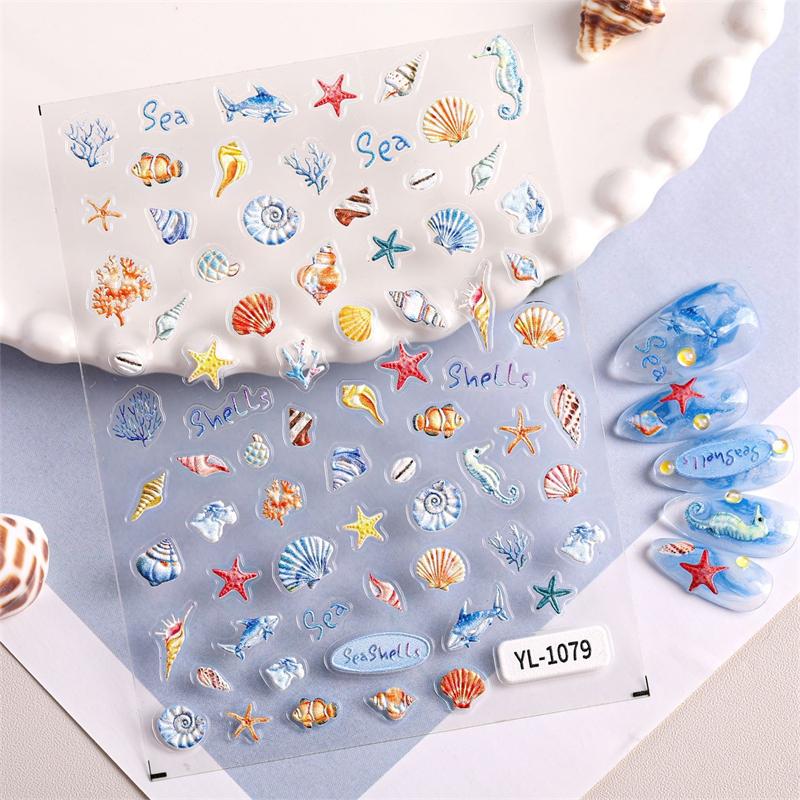 1 лист наклейки для ногтей в океанском стиле, летние морские звезды, медузы, ракушки, наклейка для ногтей, тисненая декорация, принадлежности для нейл-арта, салон маникюра