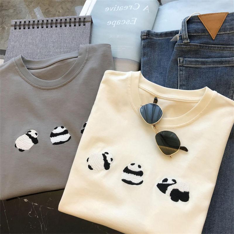 Women's Short Sleeve T-Shirt Summer Fashion Panda Embroidery Cotton T-Shirt Women's Casual Loose Design Tops Japanese Y2k Kawaii