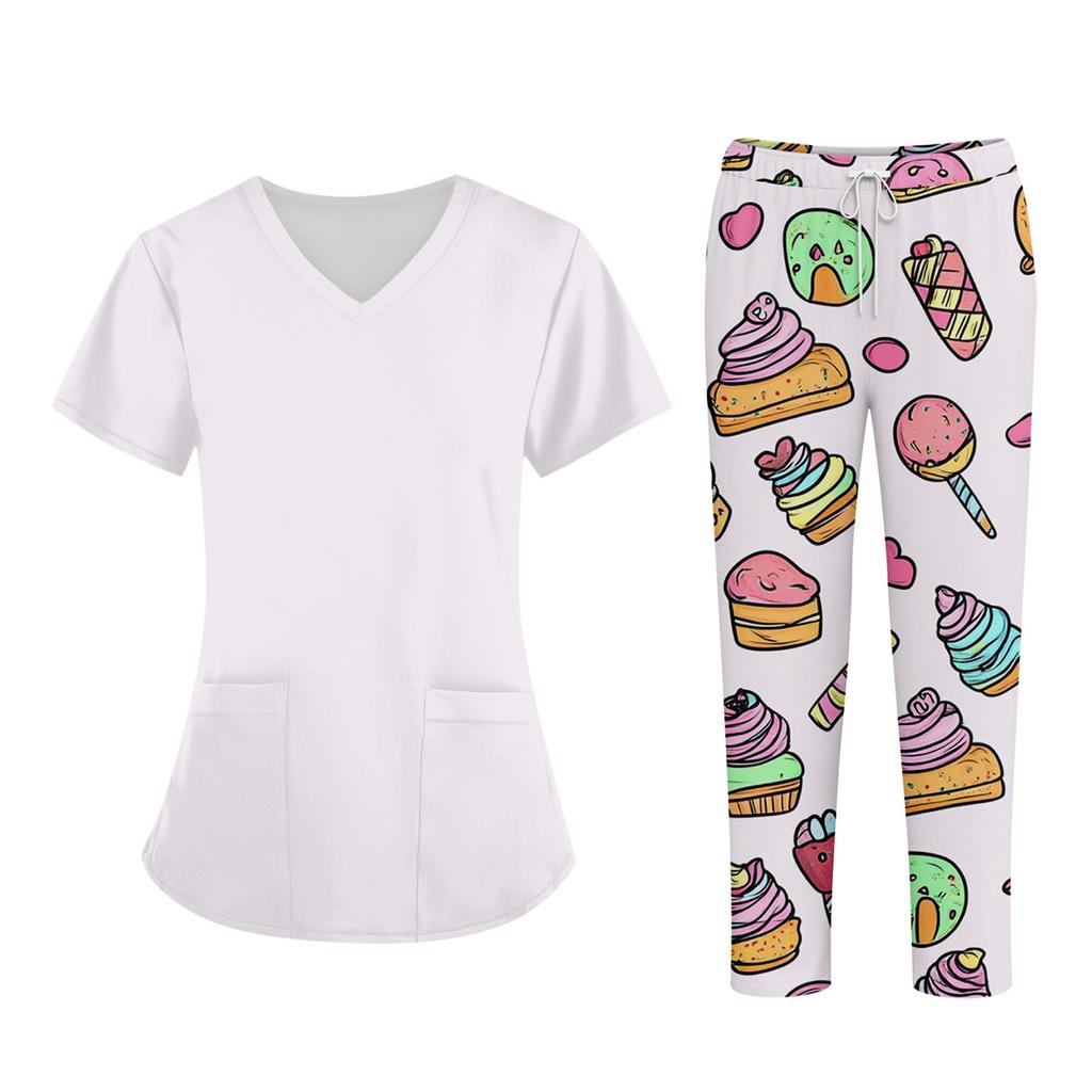 Плюс размерСкраб с принтом Рабочая форма Топы для женщин Крест V-образным вырезом Хэллоуин Принт с короткими рукавами Забавные футболки Спецодежда Футболка с карманами