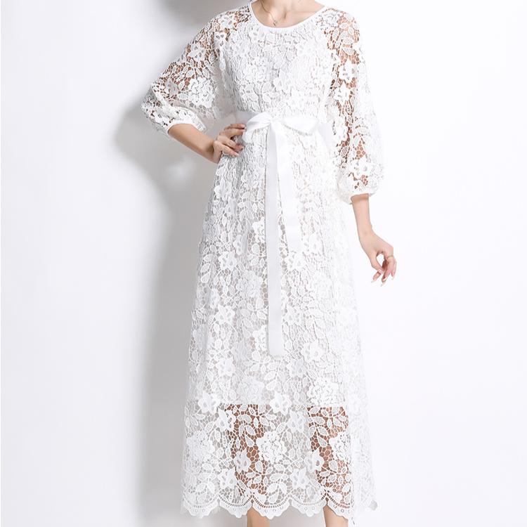 Spring Autumn Women Elegant Embroidery Lace Crochet Flower Oversized Lace-up Ankle Length Party Dresses