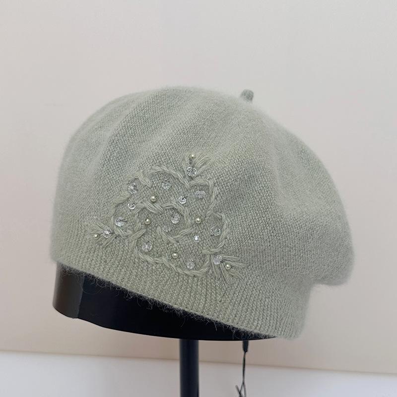 Кроличий пух Жемчужный вязаный берет Женская осенне-зимняя шляпа художника Теплая шерстяная шапка Зимние шапки для женщин, Шапки-бини для женщин, Зимние шляпы для женщин