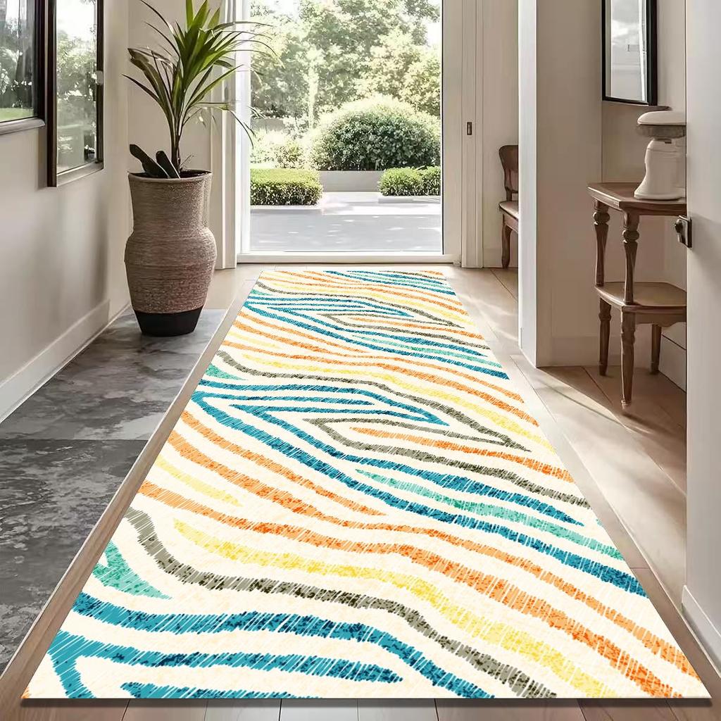 Vintage Inspired Runner Rug Color Block Wave Mat Non-Slip Backing