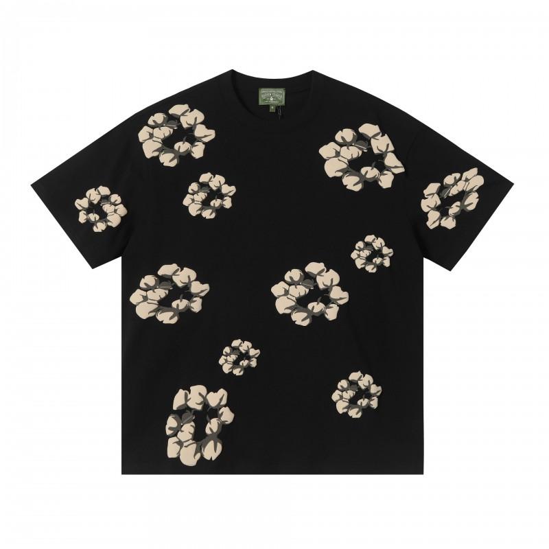 Cotton Short Sleeve T-Shirt With 3D Puff Floral Print Unisex Loose Fit Streetwear Tee