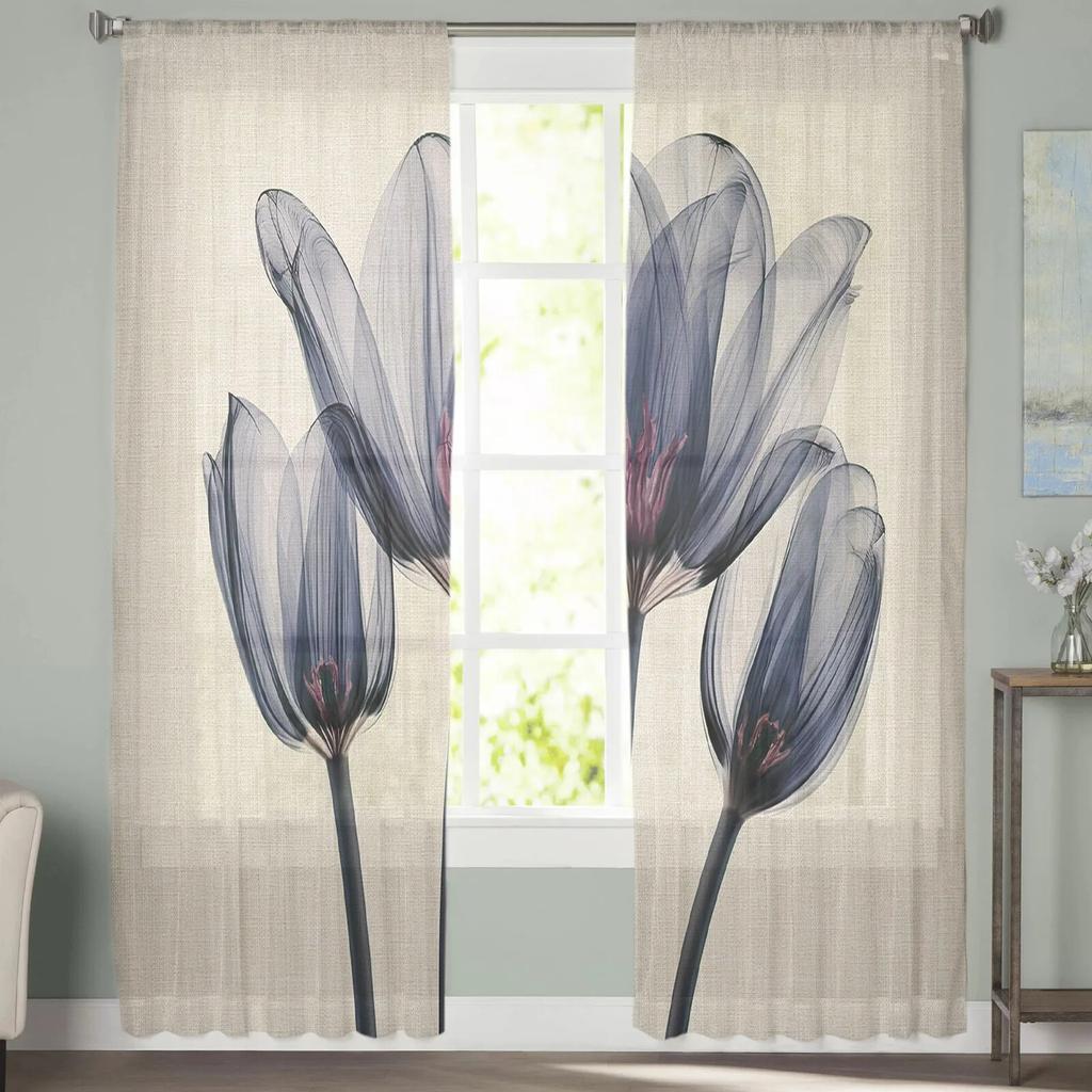 Цветок тюльпана, прозрачные синие прозрачные шторы для спальни, праздничное украшение, оконная вуаль, тюлевая занавеска