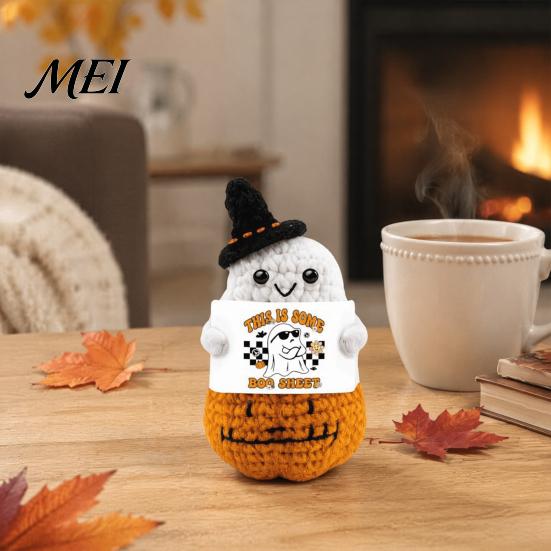 Thoughtful Care Package for Friends Hand Knitted Halloween Ghost Ornament, Crochet Plush Doll with Cute Desk Ornament Encouragement Card, Desktop