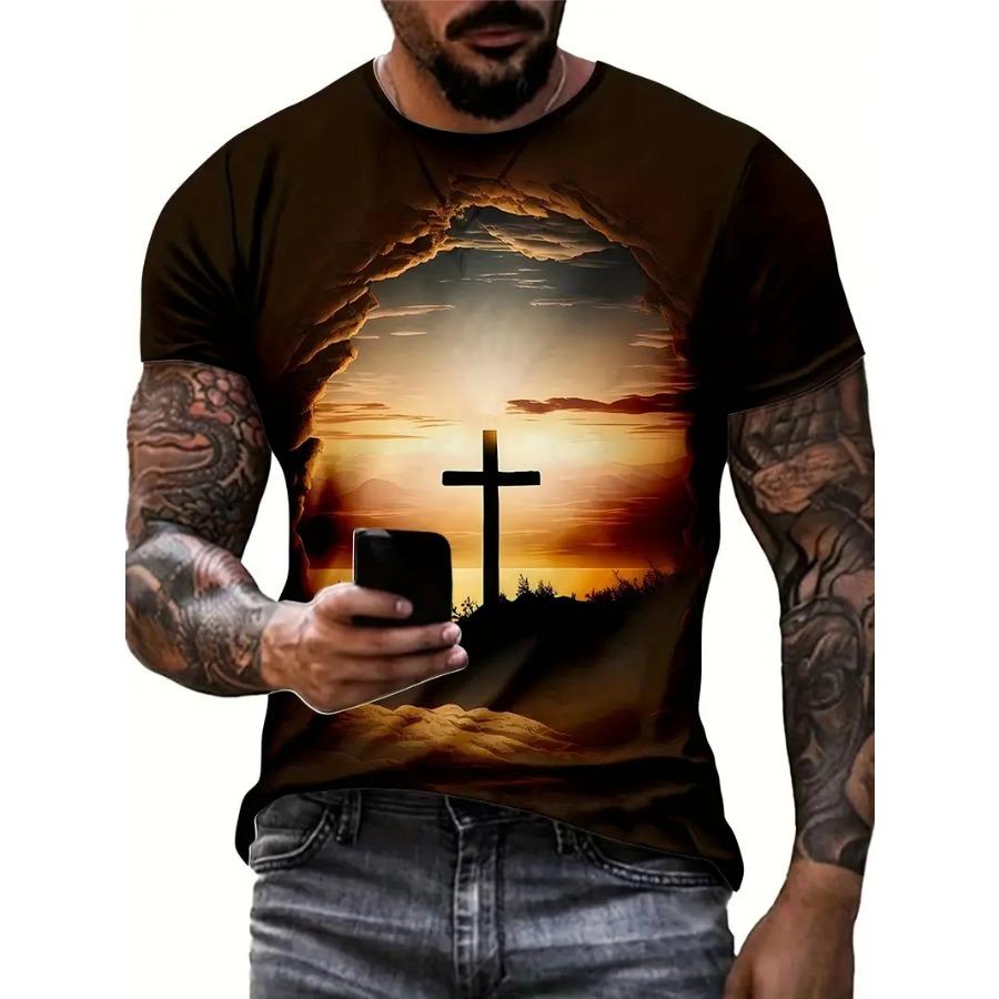 Men's 3D Cross Graphic Print Tee - Casual Short Sleeve Crew Neck T-shirt for Summer Outdoor Activities and Novelty Pajamas - Slightly Stretchy