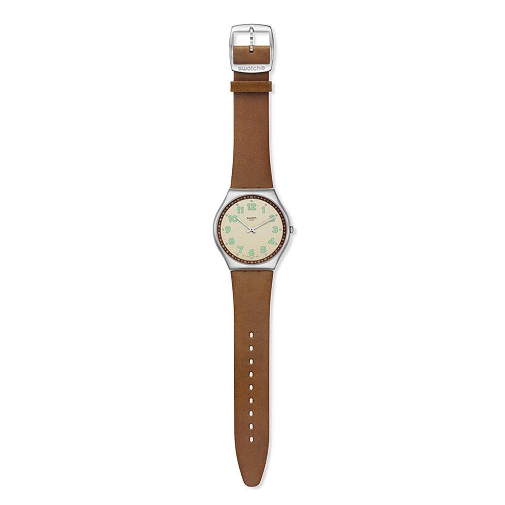 Swatch SKIN IRONY серия кварцевый механизм простой коричневый тон модные светящиеся часы 43 мм бежевый циферблат корпус из нержавеющей стали кожаный ремешок SS07S135