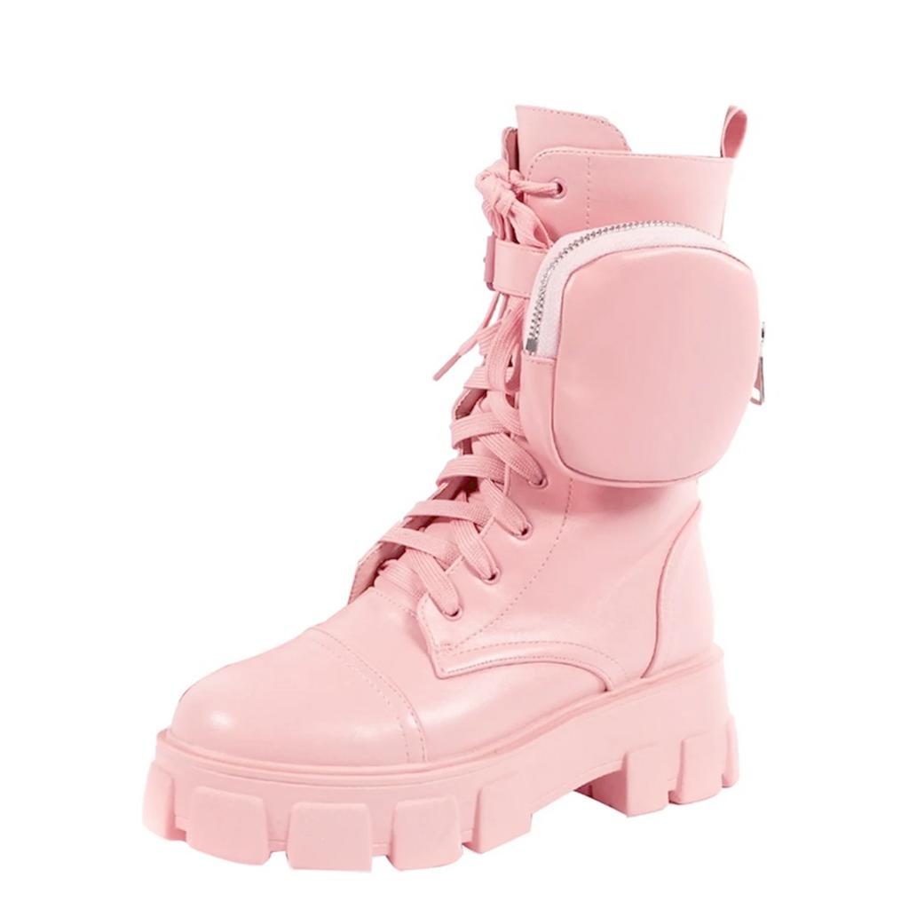 Стильные ботинки на платформе с маленьким карманом женские ботинки на шнуровке с круглым носком для осени