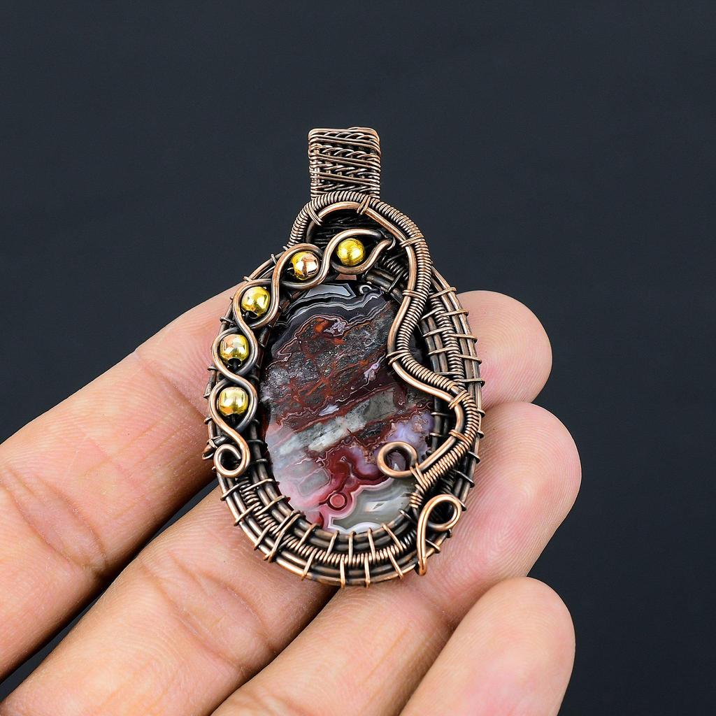 Crazy Lace Agate Gemstone Pure Copper Wire Wrapped Handmade Pendant Jewelry For Her