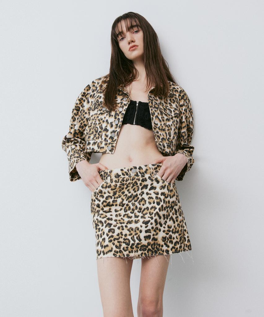 VEDERMI Leopard Denim Mini Skirt