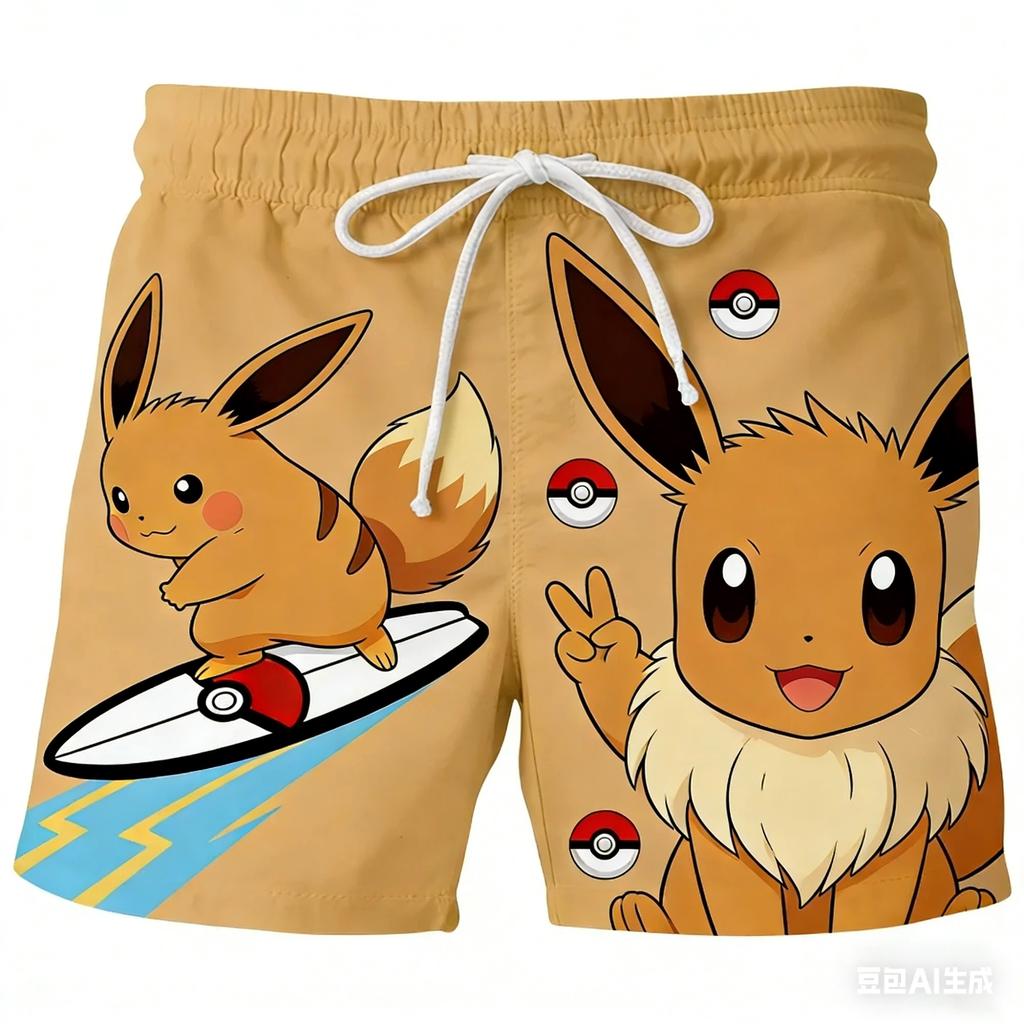 Pokemon Men's Beach Shorts 3D Print Anime Pikachu Gengar Board Shorts Summer Casual Trunks Elastic Waist Sports Shorts Men Boys