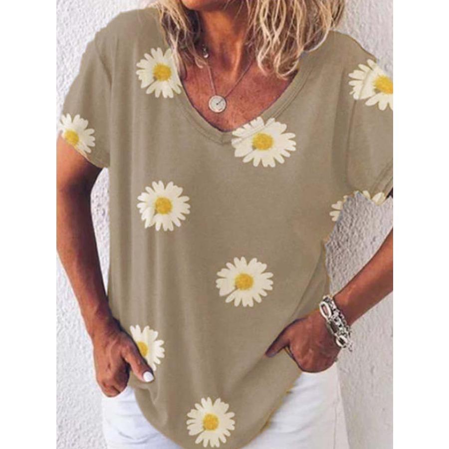 Vintage Women Floral Print T Shirt Short Sleeve V Neck Tops Comfortable T-shirts