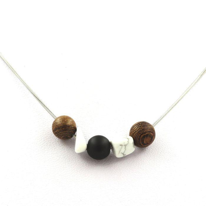 Stones and Minerals. 8mm Wooden Bead Necklace + US Howlite + Matte Black Onyx Stainless Steel Chain.