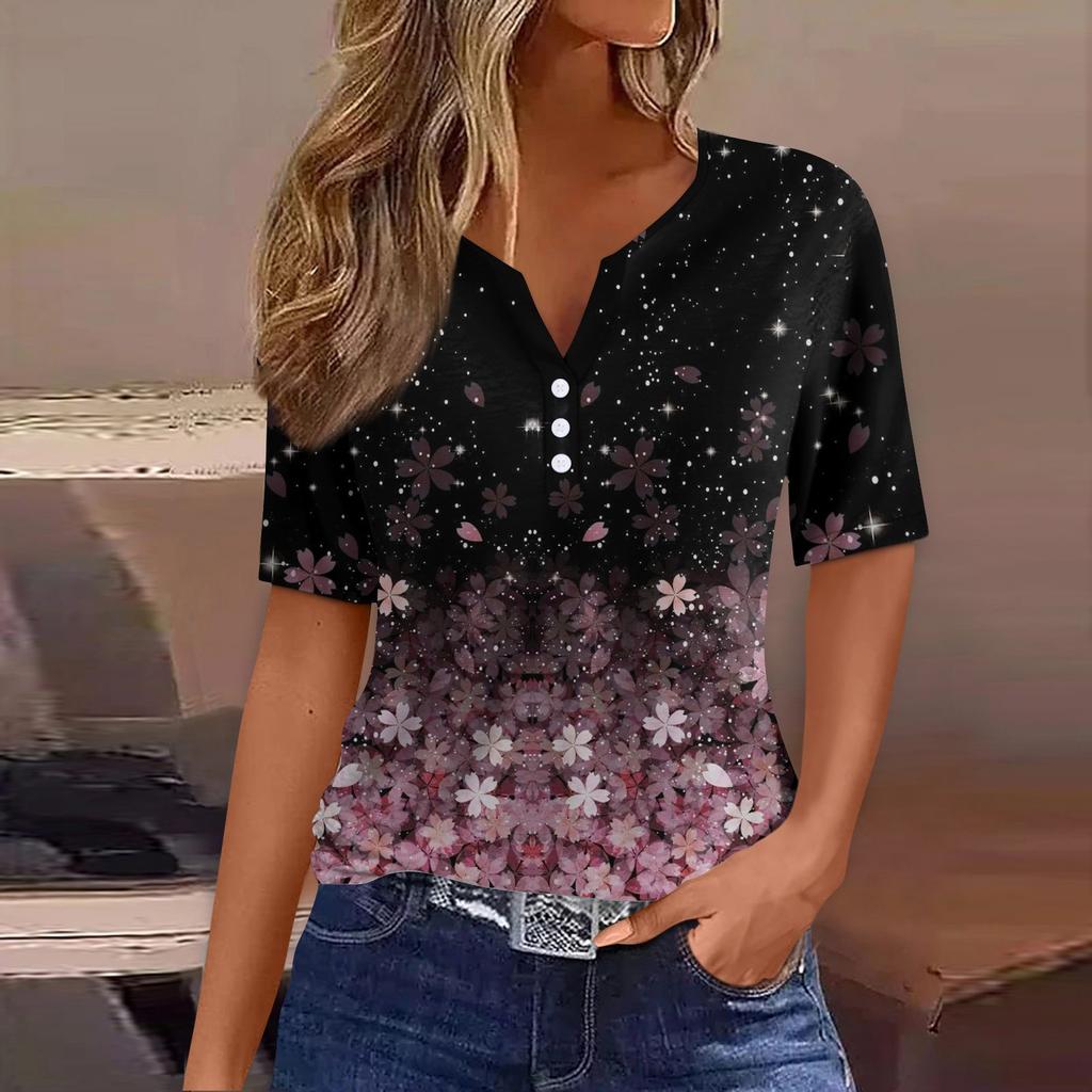 Women's T Shirt Tee Print Button Short Sleeve Daily Weekend Fashion Basic V- Neck Regular Top