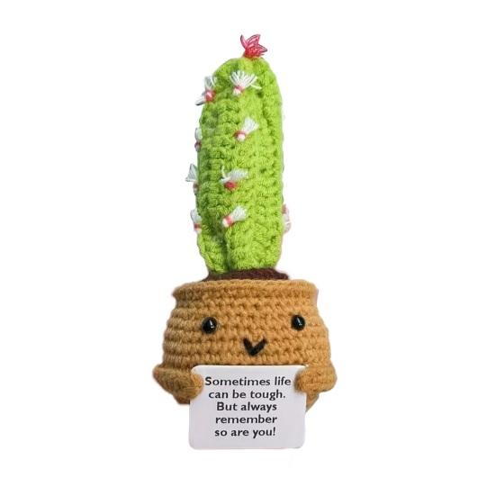 Crocheted Doll Cactus Succulent Doll with Cheer-up Card Tabletop Ornament Positive Crochet Figurine