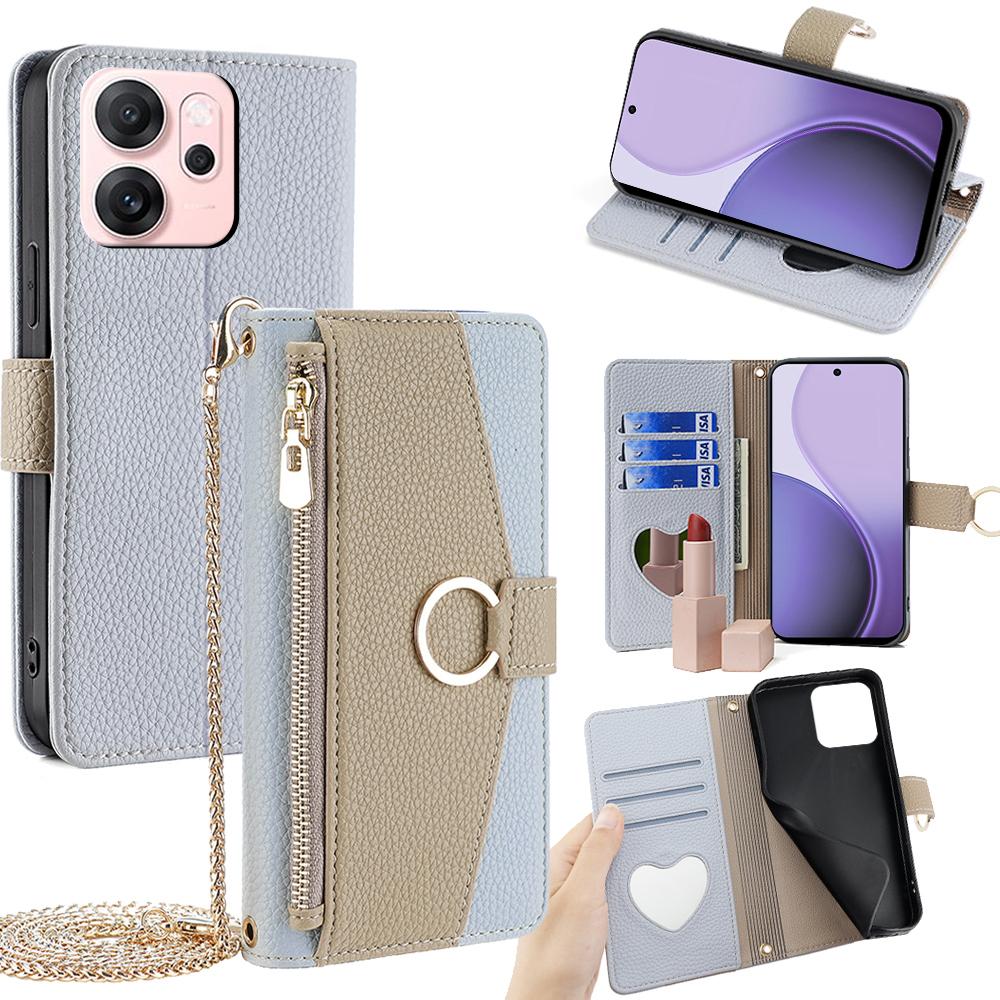 For Oppo Reno14 F 5G Case Mirror Wallet Leather Phone Cover with Chain Shoulder Strap
