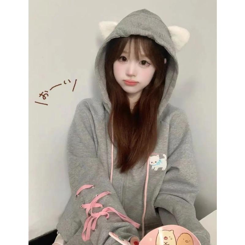 Kawaii милая толстовка в стиле Харадзюку, женская японская модная толстовка с капюшоном на молнии и ремнями с милым котом, мягкая толстовка для девочек 2023