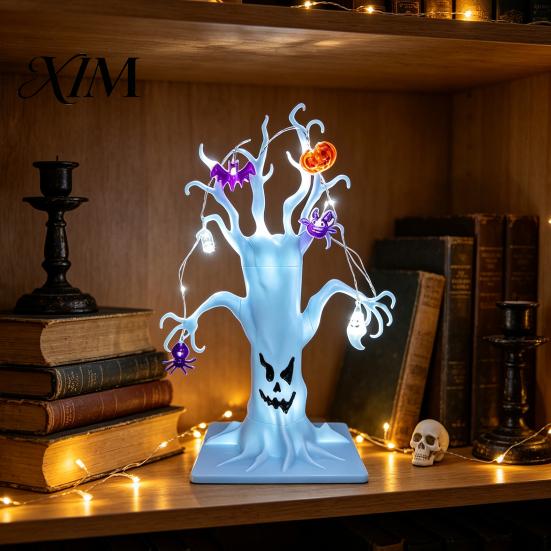 Halloween Tabletop Decorations Lighted Spooky Dead Tree Decor, Ghost Face Haunted Desktop Ghostly Decor with Pumpkin Spider LED String Lights,
